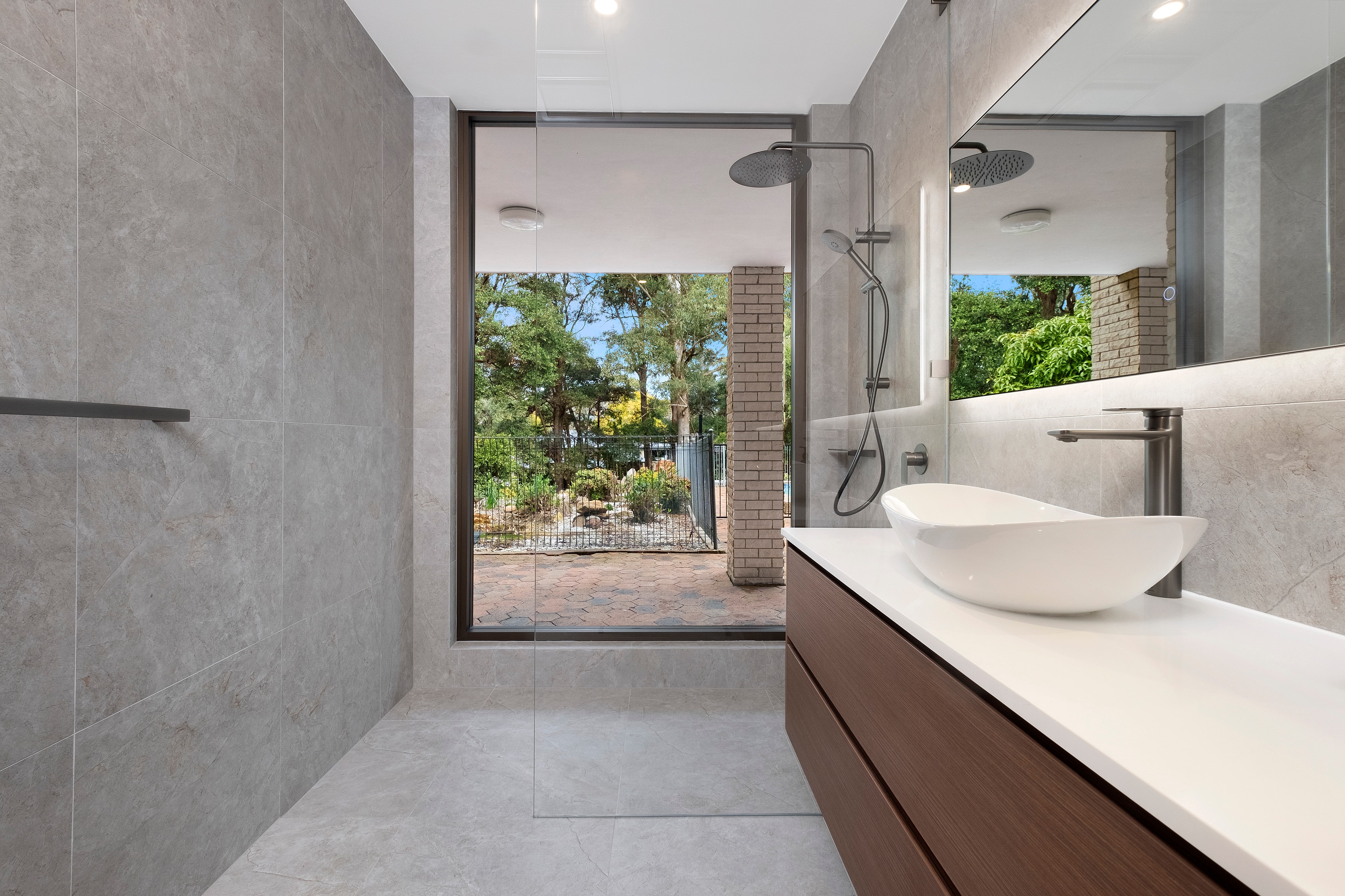 Castle Hill bathroom renovation with walk-in shower and garden view
