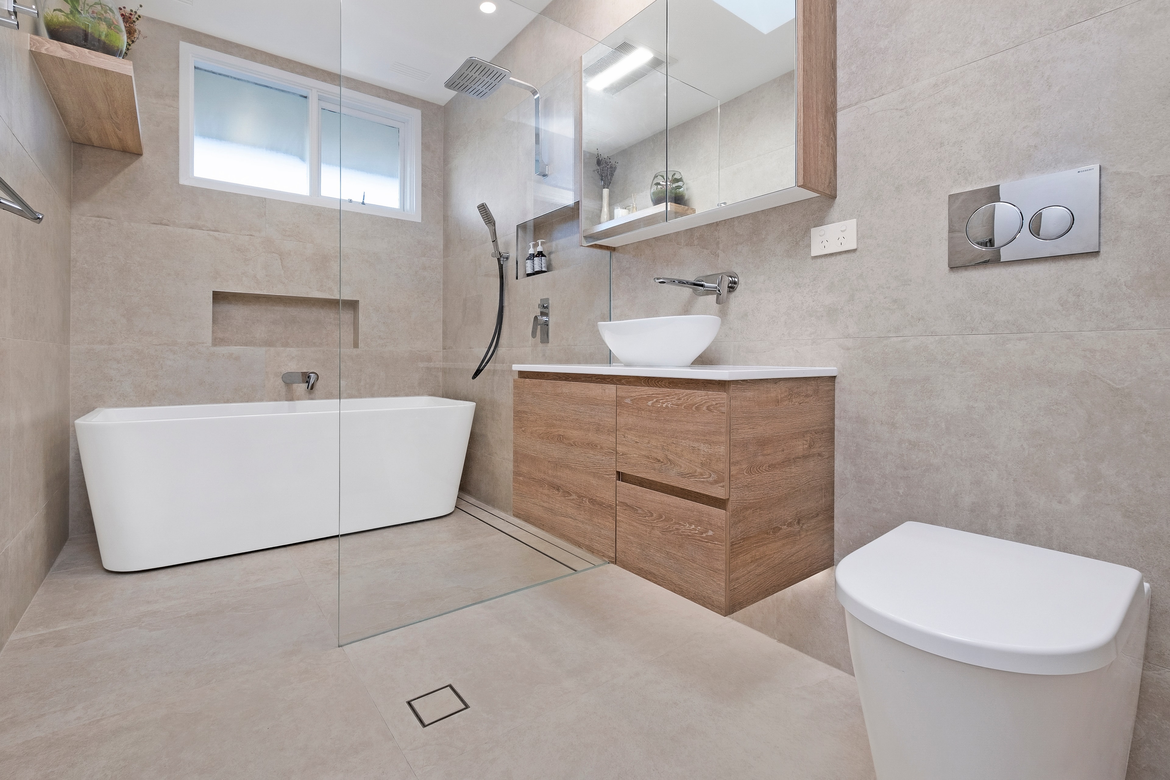 Frenchs Forest bathroom renovation — freestanding bath, walk-in shower and timber vanity